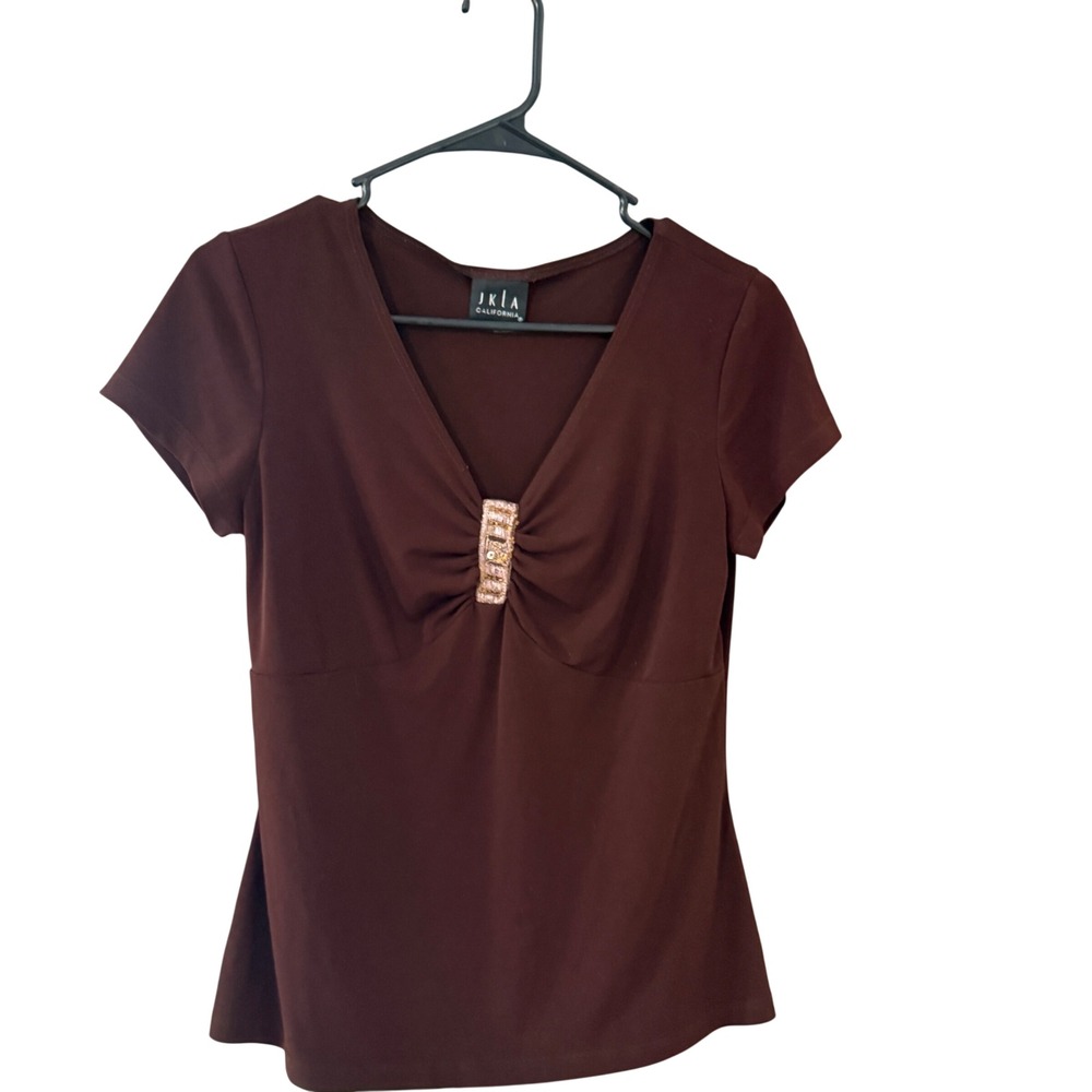 JKLA California‎ Vintage Y2k Brown V-Neck Beaded Short Sleeve M Going out Top